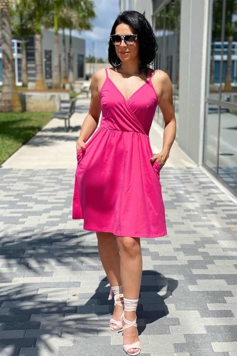 STYLEWORD Women's V Neck Spaghetti Strap Summer Casual Dress Teens Cute with Pocket Hot Pink(Rose-429,S) - Image 4